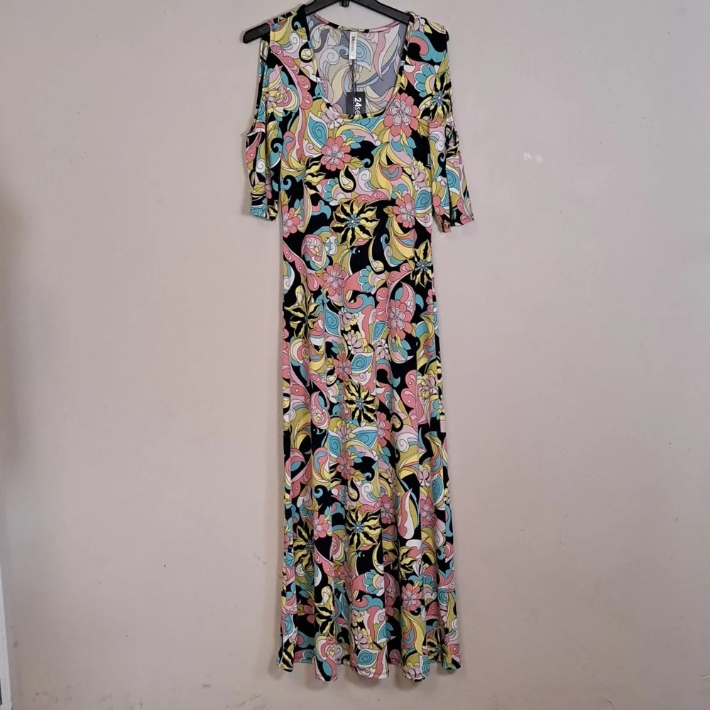 24seven Floral Cold Shoulder Flowy Casual Maxi Dress Large - Picture 5 of 10